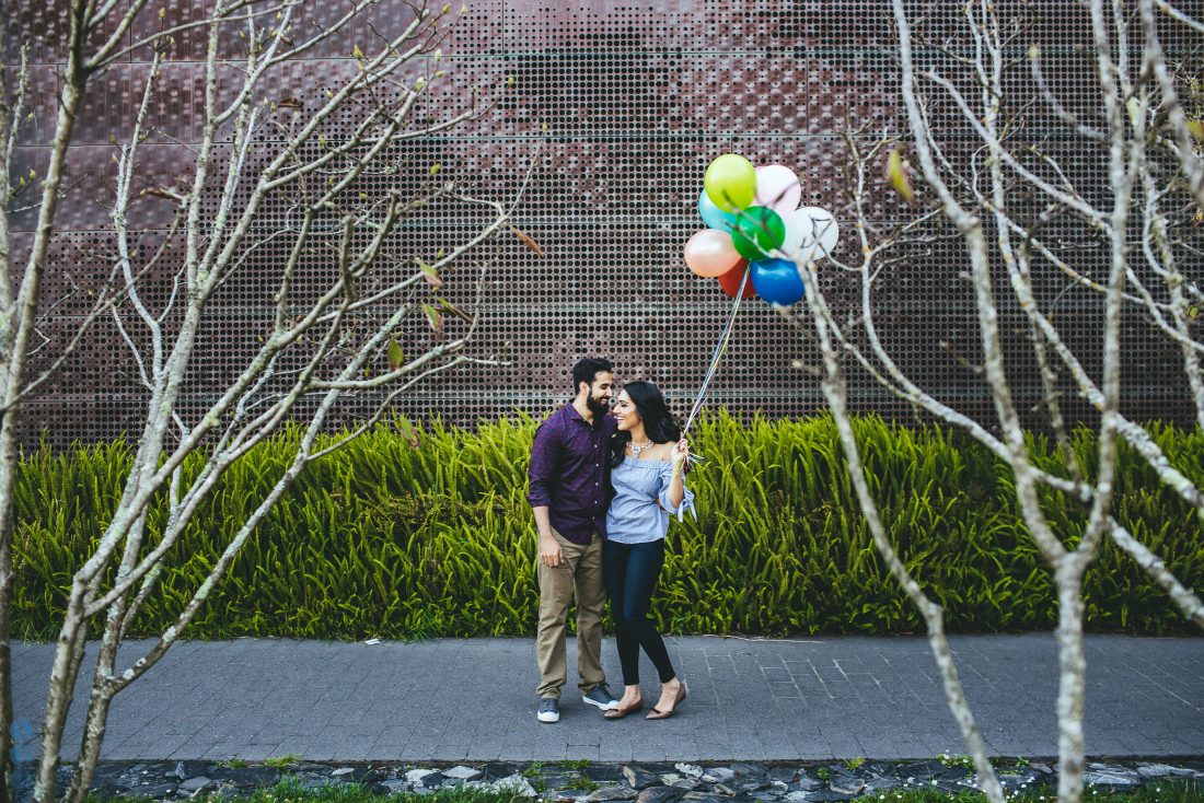 San Francisco Classic Indian Engagement Photography of Pardeep & Lovepreet with balloons by Aperina Studios.