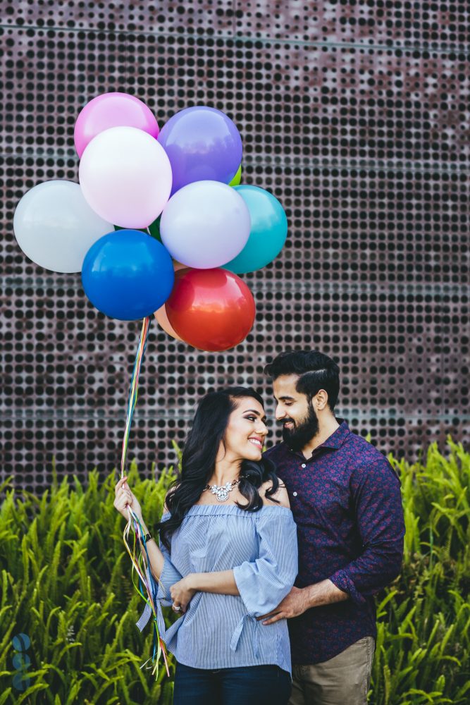 San Francisco Classic Indian Engagement Photography of Pardeep & Lovepreet with balloons by Aperina Studios.