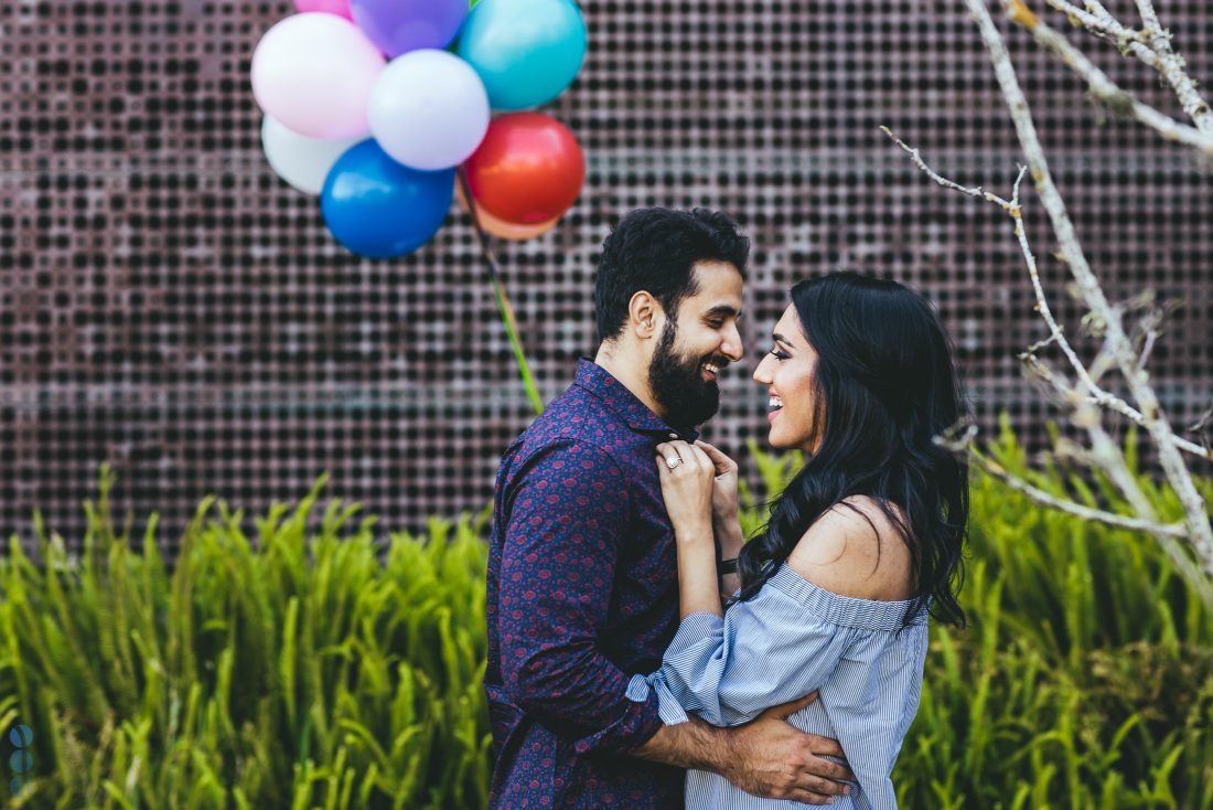 San Francisco Classic Indian Engagement Photography of Pardeep & Lovepreet with balloons by Aperina Studios.