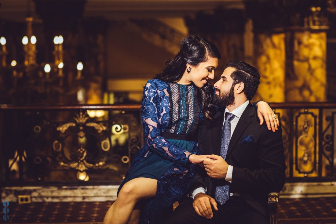 Romantic Indian Engagement Photos of Pardeep & Lovepreet at night in the San Francisco by Aperina Studios.