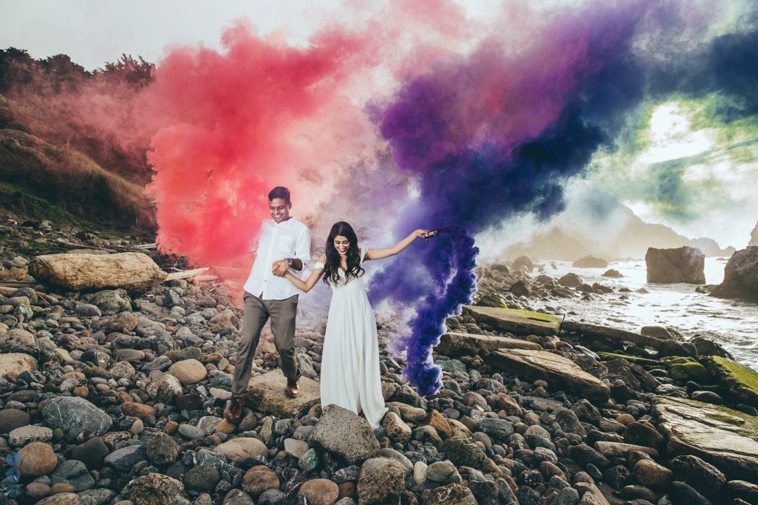 Colored Smoke Bomb Engagement photography on the beach with Sahil & Natasha.