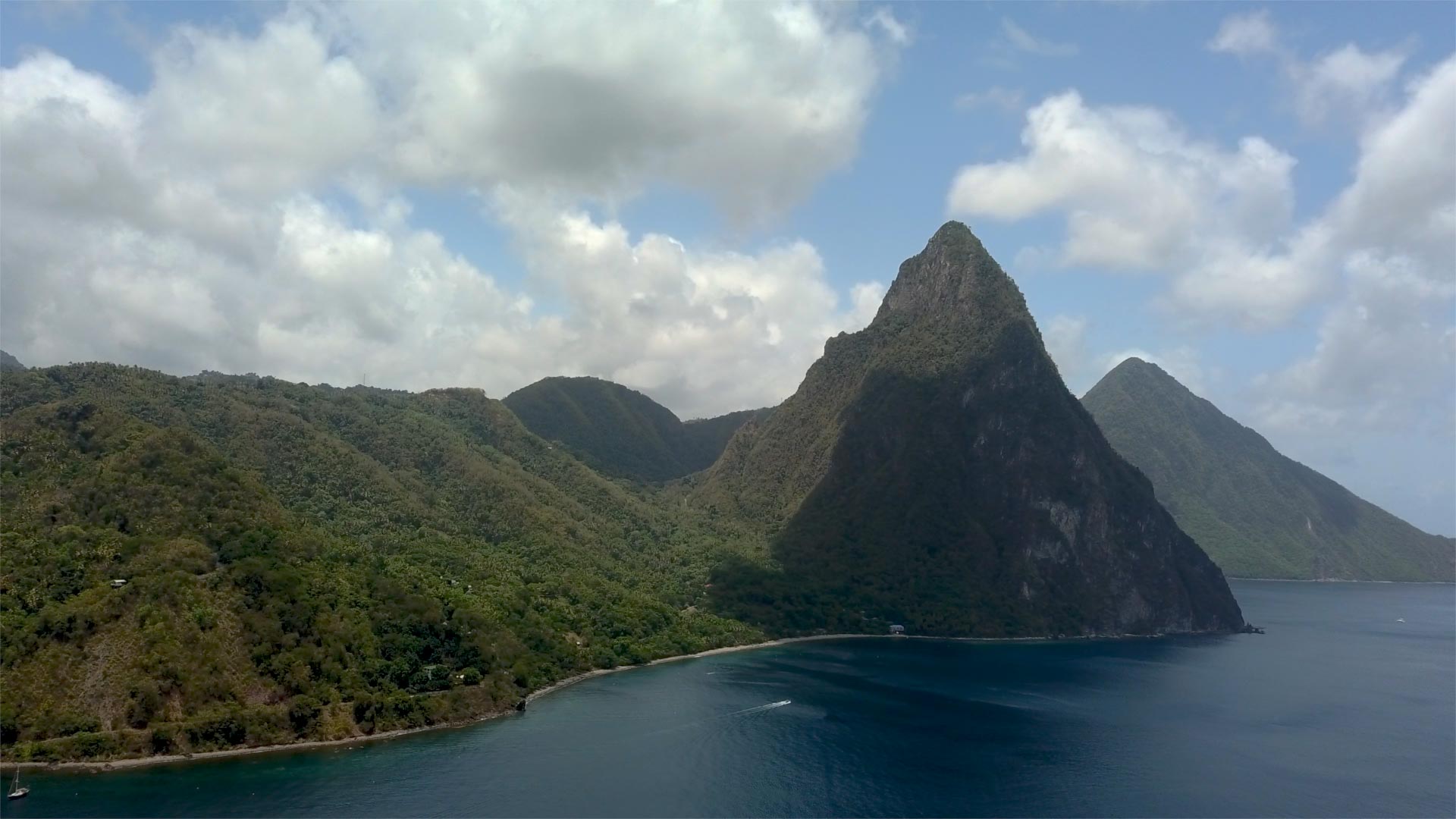 Destination Wedding in St. Lucia. Drone view of the Piton mountains.
