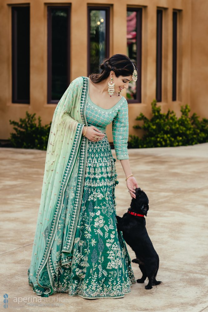 Indian Bride wearing stunning blue and green Anita Dongre lehenga on her Sangeet - Photo with her dog