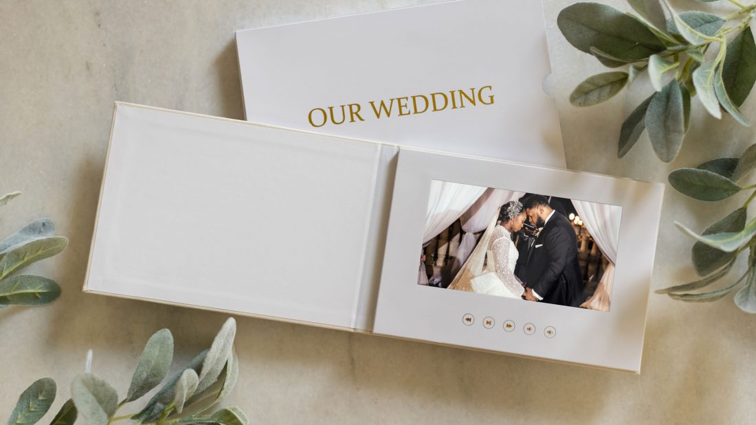 Wedding film book on a coffee table